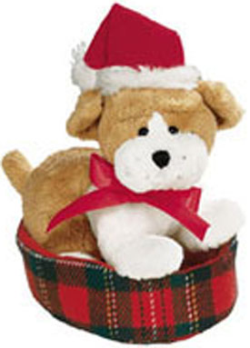 Christmas plush puppies full of fluff wearing their Santa hats find your favorite Labrador, Scottish Terrier and Bulldog in their very own plaid dog bed.