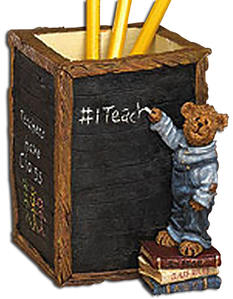 Boyds Desk Accessory Number 1 Teacher Pencil Holder
- made of cold cast resin
- introduced Fall 2004 and has been retired
- Celebrate a spectacular teacher with this resin pencil holder, which features a lil' bear cub, who stands on a stack of antique school books and writes "#1" teacher on the chalkboard
- not a toy