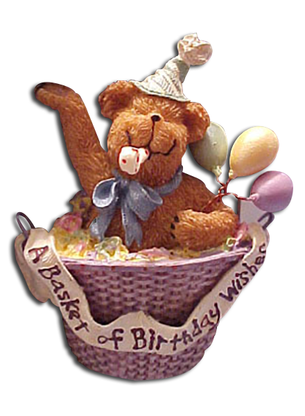 Adorable Teddy Bears inside baskets sending a Happy Birthday Message.
