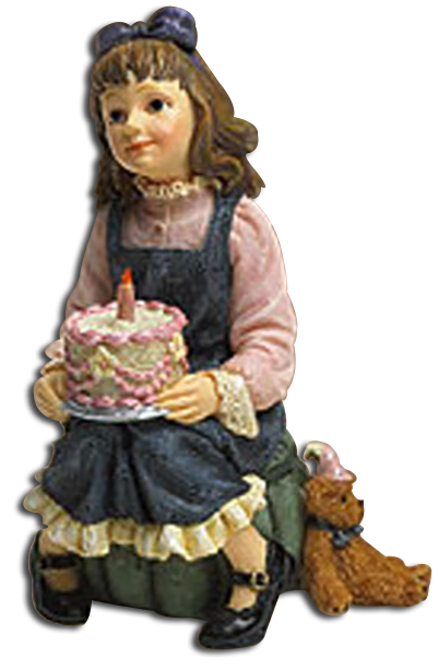 Boyds Dollstone Figurine Kaitlyn Make a Wish 
- Introduced Fall 2004 and has been retired
- The perfect gift for the birthday girl. Kaitlyn is holding a special little cake with one candle and plans to share the sweet treat with her teddy bear-who's dressed in a party hat for the occasion!
- Quote on the bottom "Cherish all your happy moments..." - Christopher Morley