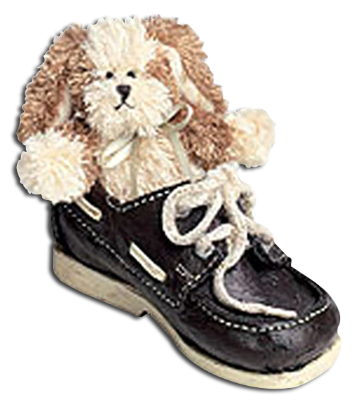 Boyds Mini Plush Bears in Shoes are adorable plush Puppy Dogs sitting inside of cold cast resin shoes.  The shoes are very detailed and realistic!