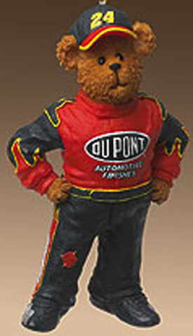 Boyds Teddy Bears dressed in Jeff Gordon NASCAR jumpsuits and T-shirts in plush and resin Teddy Bear Christmas Ornaments.