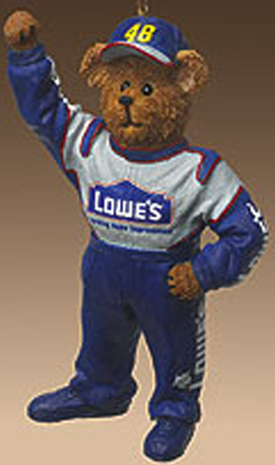 Boyds Teddy Bears dressed in Jimmie Johnson NASCAR Jumpsuits in plush Teddy Bears, Resin Figurines, and Christmas Ornaments.
