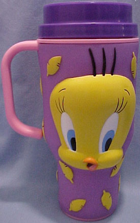 The adorable Taz and Tweety are ready to travel as these travel mugs in teal and purple.