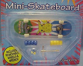 The Pokemon are on stickers, change purses and mini skateboards as these collectibles and toys.