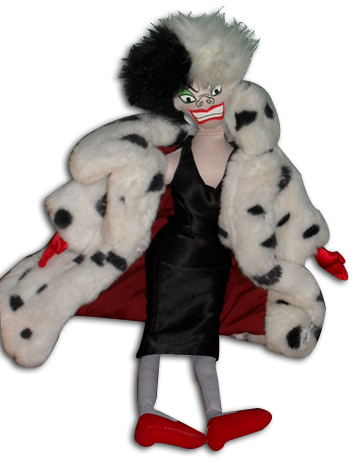 Cruella DeVil and the 101 Dalmatians are adorable stuffed animals and keychains.