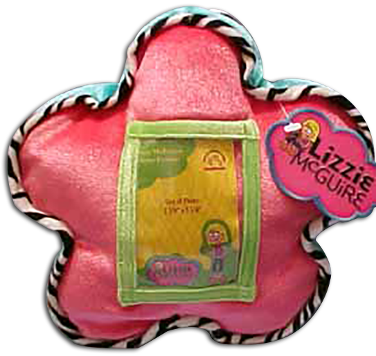 Disney's Lizzie McGuire Flower Plush Pillow with Picture Frame 
- safe for ages over 3
- Materials are velvety and silky BRIGHT colors
- frame is 2 1/4" x 3 1/4" 
