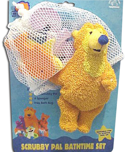 Bear in the Big Blue House Bear Bath Time Fun Set 
- plush terry cloth Bear Scrubby Pal is 7 1/2" 
- There are 4 sponges in a really nice net storage bag to store all items while they dry between baths: Star Fish - 3 1/4", Fish - 4", Shell - 3 1/4", and a Sea Horse - 5"