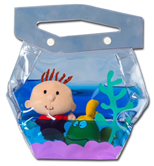 Playhouse Disney Stanley and Dennis Fish Bowl Play Set
- The fish bowl is a carry all with snaps on the top to put a BUNCH of small toys in to carry along. The fish bowl looks like an aquarium. It has blue jelly water sealed in the outer part of the carry all. 