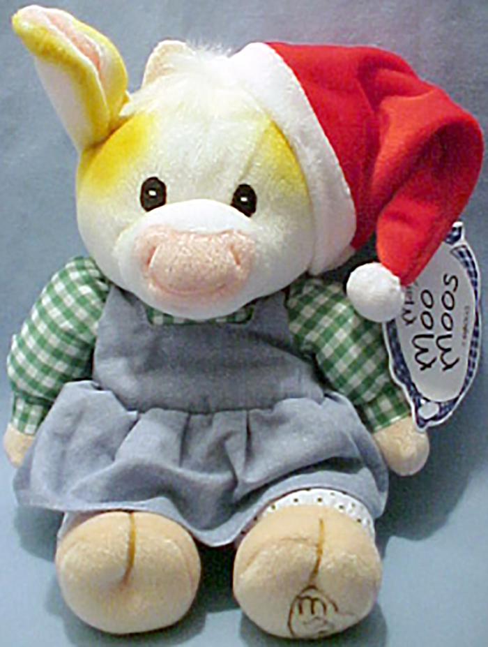 Mary's Moo Moos Plush Cows for Christmas are adorable wearing their Santa hats and overall dresses with plaid shirts. 