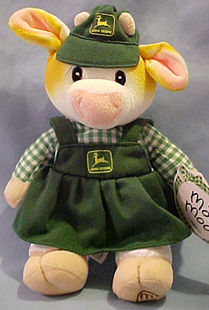 John Deere and Mary's Moo Moos teamed up to make these adorable Stuffed Animal Cows wearing John Deere attire.