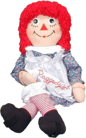 Classic Raggedy Ann and Andy are jumbo plush rag dolls dressed in their classic clothes.