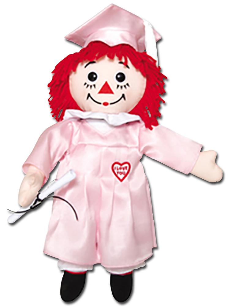Graduation Raggedy Ann Rag Doll
- introduced in Spring 2004
- Dressed in a satiny pink gown and cap.
Diploma in her hand.
- made by Dakin / Applause