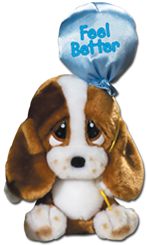 The adorable Sad Sam and Honey Basset Hounds are cuddly soft plush stuffed animals carrying Balloons with Feel Better wishes.