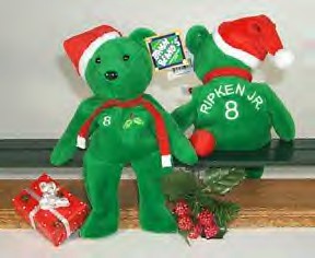 Salvino's Bamm Beanos Baseball Player Christmas Teddy Bears. Green Teddy Bears dressed in Santa hats with red scarfs with your favorite baseball player's last name and number on their backs.