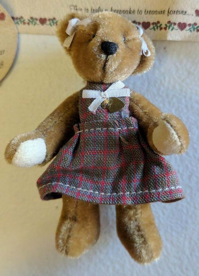 Ganz Cottage Collectibles Miniatures Janet the Tan Teddy Bear in Burgundy Plaid Dress