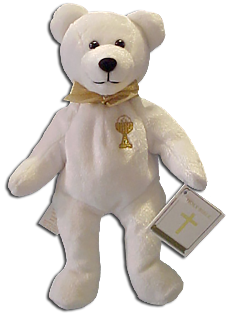 A Christian gift to celebrate a first communion. This adorable pure white teddy bear was made by Holy Bears and makes the perfect communion gift!
