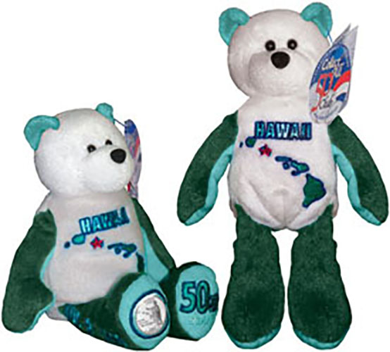 The Teddy Bears were made by Limited Treasures and they 
have a mint state quarter from their state on their right foot sealed in plastic. Each State Quarter Teddy Bear has a tag with facts about the State they represent.