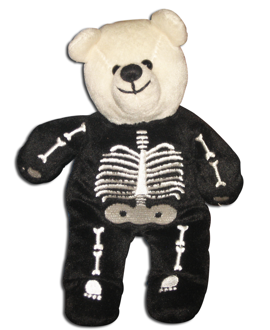 Planet Plush teddy bears for Halloween are all dressed up as skeletons and pumpkins.