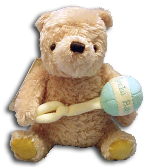 Classic Pooh as cuddly soft plush stuffed animal baby rattles. Each carries a baby rattle in either pink, blue or mint and yellow with 'It's a Boy', 'It's a Girl', or 'Special Baby' embossed on it.